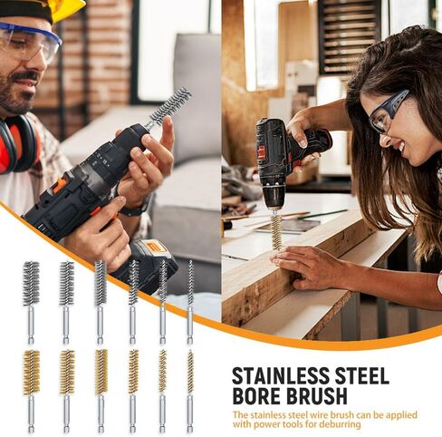 12 Pcs Bore Brush for Drill, Variety of Size Stainless Steel Cleaning Brush, Power Drill Impact Driver Pipe Hex Drill Shank Drill Wire Brush Set for Cleaning Rust, Tubes Holes in Saudi Arabia