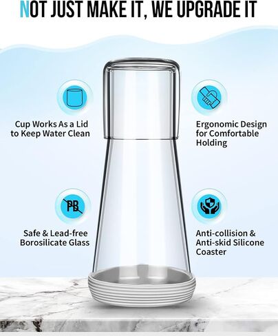 Bedside Night Water Carafe Set with Tumbler Glass, Clear Nightstand Carafe with Silicone Coaster for Bedroom and Guest Room, Glass Mouthwash Decanter for Bathroom (22 OZ) in Saudi Arabia