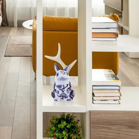 GANAZONO الأزرق والأبيض أرنب سيراميك تمثال الصينية زودياك أرنب تمثال الأرنب الحيوان النحت للعام الجديد ديكور للطاولات المنزل in Kuwait