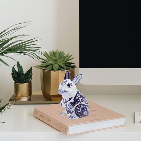 GANAZONO الأزرق والأبيض أرنب سيراميك تمثال الصينية زودياك أرنب تمثال الأرنب الحيوان النحت للعام الجديد ديكور للطاولات المنزل in Kuwait
