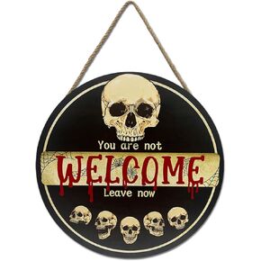 Halloween Skull Welcome Wooden Sign Lights 3D Flat Wall Hanging Front Door Bround Board Painted, 29cmhalloween Wreath Ghost Decor Hanger Rustic Farmhouse Porch Plaques Party Decoration for Garden Office Kitchen Home Restaurant Shop (skull wreath)