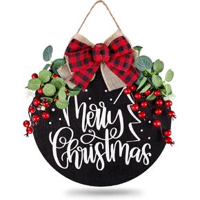 Whaline Christmas Wooden Hanging Sign Door Decoration Wreath Merry Christmas Welcome Sign Black Front Door Wreath with Buffalo Plaid Bow Eucalyptus Berries for Home Indoor Outdoor Decoration