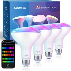 Lepro BR1 AI LED Smart Bulbs - Al Generated Lighting LLM, LightBeats Music Sync, Voice Control Via App, Mood Recognition, RGBWW Colors, Work with Alexa & Google Assistant, BR30 E26 8W, 4 Packs