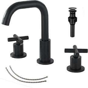 2 Handle Bathroom Faucet GGStudy3 Holes 360 Swivel Spout Antique Brass Widespread Bathroom Sink Faucet with Pop Up Drain