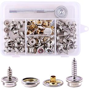 Swpeet 120Pcs Sliver Fastener Screw Snaps With 1Pcs Snap Setting Tool Kit, Stud Snap with 3/8 Inch and 5/8 Inch Stainless Steel Screw, Snap Button Screw-In Studs Pack For Furniture Canvas Fabric Boats
