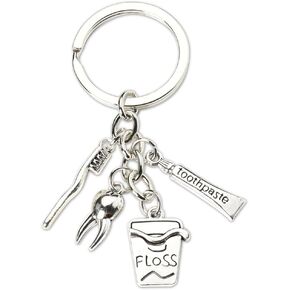 Dental Hygienist Gifts for Women Men Dentist Dental Assistant Gifts for Coworkers Best Friend Students Graduation Birthday Gift Toothbrush Toothpaste Silver Keychain Dental Floss Pendant Keyring