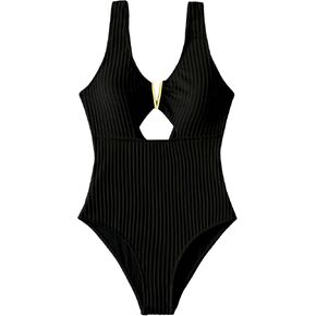 WDIRARA Women's Ribbed Knit Cut Out Front V Neck One Piece Swimsuit Monokini Bathing Suit