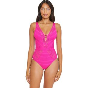 BECCA by Rebecca Virtue Color Play Crochet Plunge One-Piece Pink Flambe MD