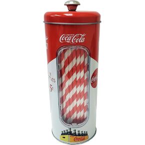 The Tin Box Company Coke Straw Holder Tin with 20 Paper Straws Inside, 3-3/8 x 8-1/4"H, Red and White (771517-12) - Good for 8" Straws or Less