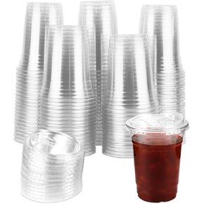 100 Sets 16 Oz Plastic Cups with Lids, Iced Coffee Cups with Lids, Strawless Sip-Lids Design, No Need for Straws, Durable PET Plastic Cups with Lids, Iced Coffee Cups with Lids, Plastic Cups with Lids