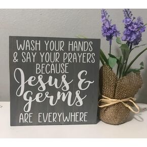Wash Your Hands and Say Your Prayers Jesus & Germs Everywhere Vintage Tin Sign Home Wall Decor Art Room for Home Office Bedroom Living Metal Funny Decoration Housewarming Gift 12"x 12"