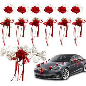 OLizee® 13Pcs Wedding Car Decorations Set with Suction Cups Wedding Party Flower Kit Wedding Car Decor Red Flowers Artificial Rose Flowers for Wedding Car