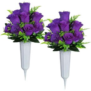 Artificial Cemetery Flowers,2 Sets Artificial Rose Flowers with Vase,Memorial Flowers Bouquet for Cemetery,Outdoor Grave Headstones Decoration (Purple)