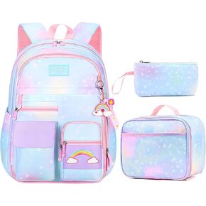 Girl Backpack for School Kids, Pink Cute Bookbag with Lunch Box Rainbow Elementary School Bag Pencil Case (Pink,3Pcs Set)