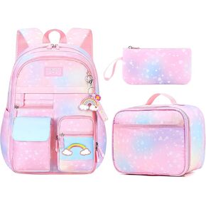Girl Backpack for School Kids, Pink Cute Bookbag with Lunch Box Rainbow Elementary School Bag Pencil Case (Pink,3Pcs Set)