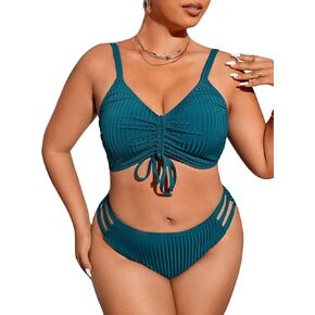 MakeMeChic Women's Plus Size Ruched Tie Front High Waisted Bathing Suit 2 Piece Bikini Swimsuit