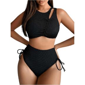 Floerns Women's 2 Piece Bathing Suit High Waist Ruched Drawstring Side Cut Out Bikini Swimsuit