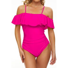 Annbon Women's Off Shoulder Ruffle One Piece Swimsuit Tummy Control Bathing Suit Lace Up Swimwear