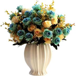 Artificial Rose Bouquets with Ceramics Vase Fake Rose Flowers Decoration for Table Home Office Wedding-Blue
