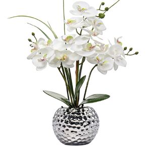 Orchids Artificial Flowers 20.8'' Faux Orchid Flower Arrangement Fake Orchid White Flower with Silver Ceramic Vase Phalaenopsis Orchid for Home Office Bathroom Table Centerpieces Decor, Briful