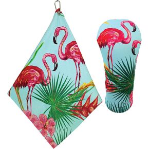 Hawaiian Themed Golf 2 Piece Gift Set: Driver Headcover & Matching Microfiber Sports Towel with Carabiner Clip-Handmade in USA Premium Accessories for Golfers