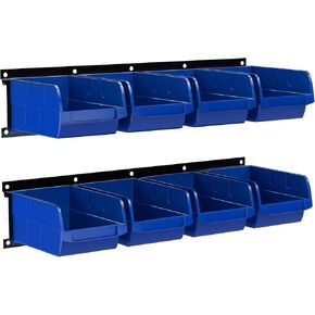 wall mounted garage storage bin, Parts Rack, Plastic Hanging Stackable Storage Bin, Hardware Tool Organizer for workshop, Craft Room, school and Shop, 8 Bins&2 Rails (Blue)