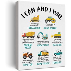 Construction Nursery Wall Art Decor Construction Trucks Positive Affirmations Framed Canvas Print Painting Picture Wall & Tabletop Playroom Decoration 12"x15"