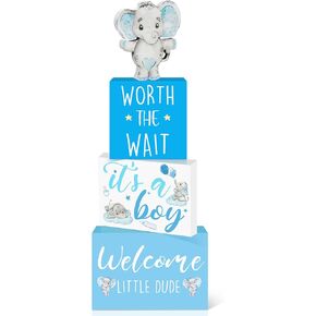 4 Pcs Blue Elephant Baby Shower Party Table Wooden Decorations Baby Boy Tiered Tray Decor It's a Boy Baby Shower Table Display Elephant Baby Shower Table Centerpiece for Boy Baby Shower