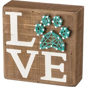 Primitives by Kathy Box Sign - Pet Love with String Art Paw Print - 5 inch square