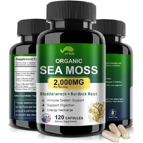 Organic Sea Moss Capsules with Bladderwrack,Burdock Root and Black Pepper Extract-Irish SeaMoss Pills 2000mg-Promotes Immune System,Thyroid Support(120 Capsules)