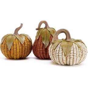 Valery Madelyn Pumpkins Fall Table Decor for Home, Set of 3 Decorative Corn Pumpkins Resin Figurines for Indoor Tabletop Centerpieces Gift for Autumn Thanksgiving Halloween Shelf Decoration 6.3 Inch