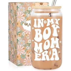 Fairy's Gift Boy Mom Iced Coffee Cup, Cute Boy Mom Gifts, 16oz Coffee Glass Cups with Lids Straws - in My Boy Mom Era - Boy Mom Birthday Gifts - Gifts for New Mom, Expecting Mom, Boy Mama