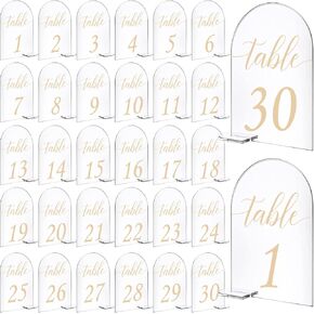 30 Sets Arch Acrylic Sign Gold Printed 1-30 Table Signs with Stands Calligraphy Clear Table Number Display Stand for Wedding Reception Event Party Restaurant Centerpieces Decor (4 x 6 Inch)