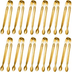 12 Pieces Mini Tongs Small Serving Tongs Stainless Steel Mini Sugar Tongs for Charcuterie Board Appetizers Dessert Serving Food Tiny Party Danish Candy Tongs (Gold,4.3 Inch)
