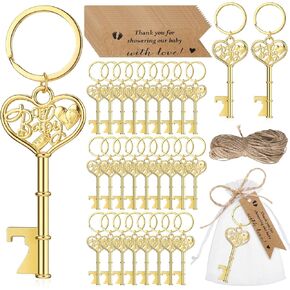 50 Set Baby Shower Favors for Guests Baby Shower Bottle Opener Favors Heart Bottle Opener Keychains with Thank You Card and Organza Bag for Baby Shower Party Souvenir Return Gifts(Gold)