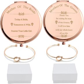 Pack of 2 Mother of the bride & Mother of The Groom Mirrors Gifts Set Rose Gold Stainless Steel Compact Pocket Makeup Mirror with 2 Pcs Rose Gold Knot Bracelet and 2 Gift Box Wedding Proposal Gift