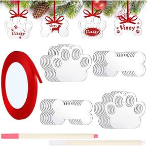 Christmas Acrylic Ornaments Blank Dog Paw Bone Ornaments Round Disc Heart Hanging Ornament DIY Stocking Name Tag Acrylic Ornament with Paint Pen and Ribbon for Christmas Crafts (Clear,19 Pieces)
