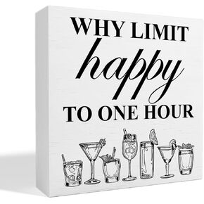 Bar Decor Wooden Box Sign, Home Kitchen Dining Room Drinking Bar Table Decor Cheers Bar Cart Cocktails Decoration, Bar Gifts for Women Men Couples, Limit Happy to One Hour