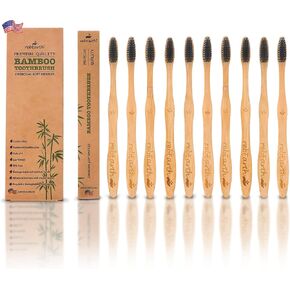 Bamboo Aesthetic Toothbrush Wood Set of 10 | Ultra Soft Bristles | Black Charcoal Infused | American Brand | Upgrade Hygiene & Reduce Waste | Brushes Teeth Care | Earth Friendly | Plant Based