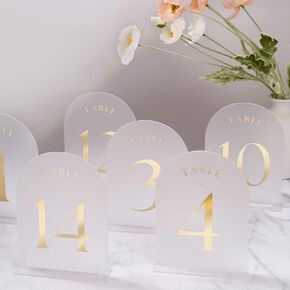 UNIQOOO Frosted Arch Wedding Table Numbers with Stands 1-15, Gold Foil Printed 5x7 Acrylic Display Signs and Holders, Pack of 15, Perfect for Centerpiece, Reception, Decoration, Party, Anniversary, Event