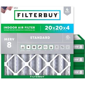 Filterbuy 20x20x4 Air Filter MERV 8 Dust Defense (4-Pack), Pleated HVAC AC Furnace Air Filters Replacement (Actual Size: 19.50 x 19.50 x 3.63 Inches)