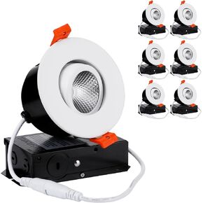 TORCHSTAR 3 Inch Gimbal LED Recessed Light with Junction Box, CRI 90+ Dimmable Swivel Adjustable Eyeball Downlight, 7W (50W Eqv.), Canless LED Ceiling Light, 3000K Warm White, White, Pack of 6