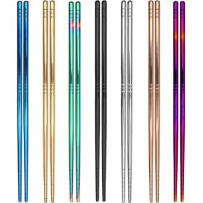 7 Pairs Metal Chopsticks, 7 Colors Reusable Stainless Steel Chopsticks, 13 Rings Pattern Non-slip Dishwasher Safe Chop Sticks, Square Lightweight Chopsticks, 8.9 Inches