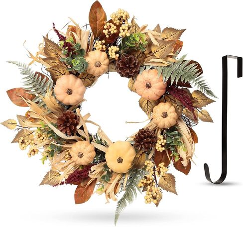 Fall Decor, Fall Wreaths for Front Door, 19 Inch Autumn Maples Leaf Pumpkin Pine Cone Berry Wreath - Fall Decorations for Thanksgiving Halloween Farmhouse Harvest Home Outdoor Indoor Window Wall in Saudi Arabia