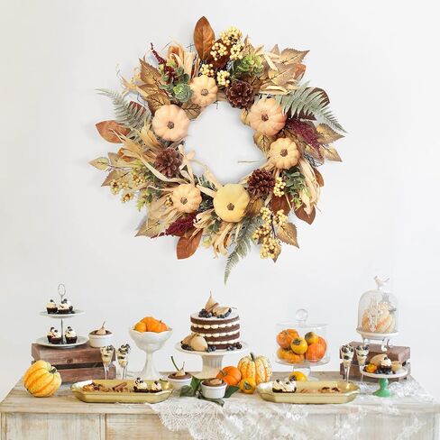 Fall Decor, Fall Wreaths for Front Door, 19 Inch Autumn Maples Leaf Pumpkin Pine Cone Berry Wreath - Fall Decorations for Thanksgiving Halloween Farmhouse Harvest Home Outdoor Indoor Window Wall in Saudi Arabia