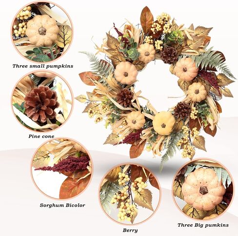 Fall Decor, Fall Wreaths for Front Door, 19 Inch Autumn Maples Leaf Pumpkin Pine Cone Berry Wreath - Fall Decorations for Thanksgiving Halloween Farmhouse Harvest Home Outdoor Indoor Window Wall in Saudi Arabia
