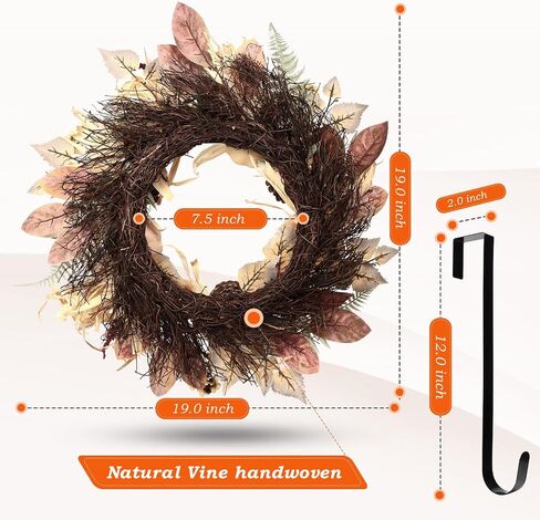 Fall Decor, Fall Wreaths for Front Door, 19 Inch Autumn Maples Leaf Pumpkin Pine Cone Berry Wreath - Fall Decorations for Thanksgiving Halloween Farmhouse Harvest Home Outdoor Indoor Window Wall in Saudi Arabia