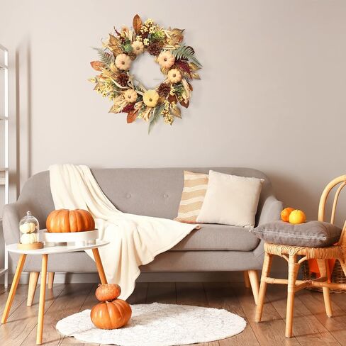 Fall Decor, Fall Wreaths for Front Door, 19 Inch Autumn Maples Leaf Pumpkin Pine Cone Berry Wreath - Fall Decorations for Thanksgiving Halloween Farmhouse Harvest Home Outdoor Indoor Window Wall in Saudi Arabia