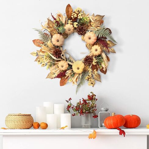 Fall Decor, Fall Wreaths for Front Door, 19 Inch Autumn Maples Leaf Pumpkin Pine Cone Berry Wreath - Fall Decorations for Thanksgiving Halloween Farmhouse Harvest Home Outdoor Indoor Window Wall in Saudi Arabia