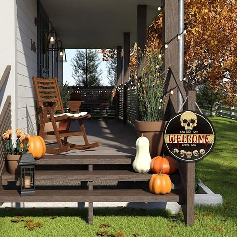 Halloween Skull Welcome Wooden Sign Lights 3D Flat Wall Hanging Front Door Bround Board Painted, 29cmhalloween Wreath Ghost Decor Hanger Rustic Farmhouse Porch Plaques Party Decoration for Garden Office Kitchen Home Restaurant Shop (skull wreath) in Saudi Arabia